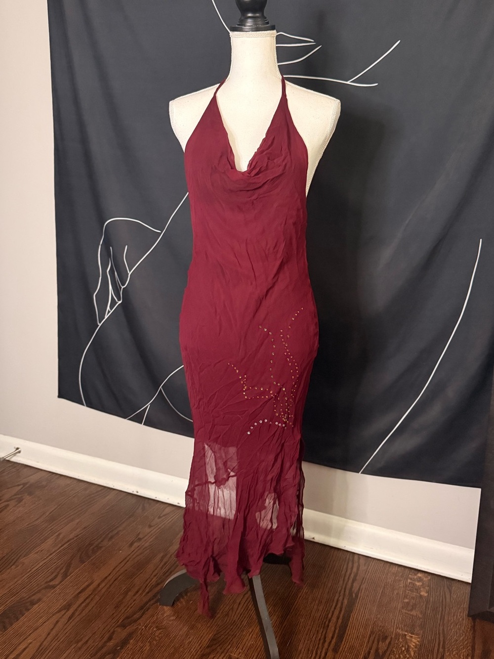 Vintage Cowl Neck Burgundy Halter Maxi Dress with Stud Accent